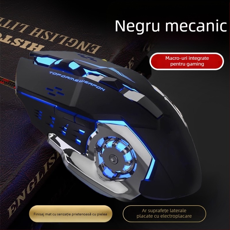 Mouse de joc cu fir WYG9, 6 butoane, senzor optoelectronic DPI 1200–3200, programare macro și personalizare, cablu 1,4 m, greutate 130 g