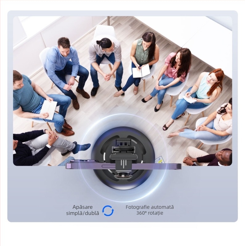 Gimbal pentru telefon pentru streaming live cu urmărire AI a feței și panoramă 360°, stabilizare anti-tremur; conectare Bluetooth, corp ABS, greutate 340 g