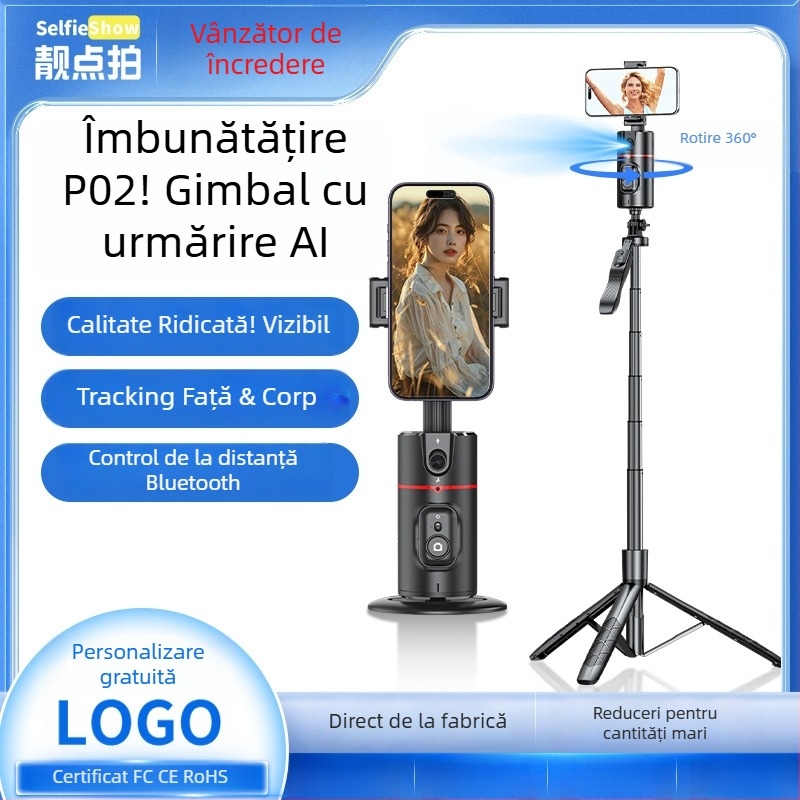 Gimbal pentru telefon pentru streaming live cu urmărire AI a feței și panoramă 360°, stabilizare anti-tremur; conectare Bluetooth, corp ABS, greutate 340 g