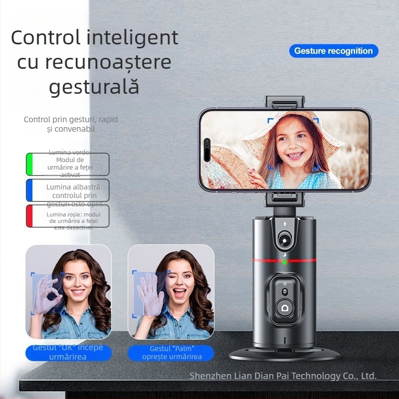 Gimbal pentru telefon pentru streaming live cu urmărire AI a feței și panoramă 360°, stabilizare anti-tremur; conectare Bluetooth, corp ABS, greutate 340 g
