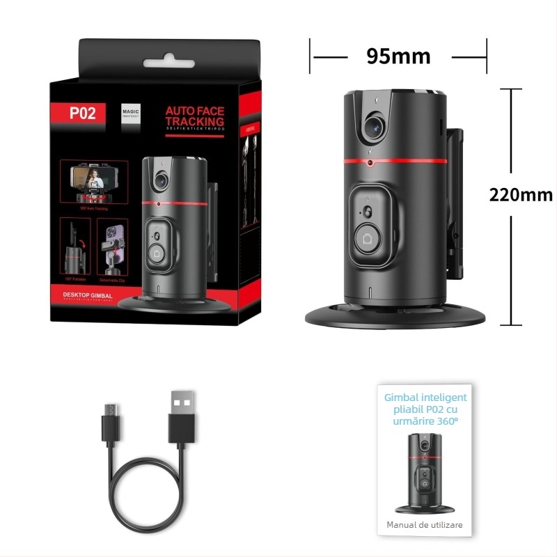 Gimbal pentru telefon pentru streaming live cu urmărire AI a feței și panoramă 360°, stabilizare anti-tremur; conectare Bluetooth, corp ABS, greutate 340 g