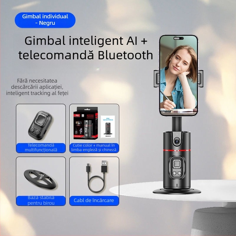 Gimbal pentru telefon pentru streaming live cu urmărire AI a feței și panoramă 360°, stabilizare anti-tremur; conectare Bluetooth, corp ABS, greutate 340 g
