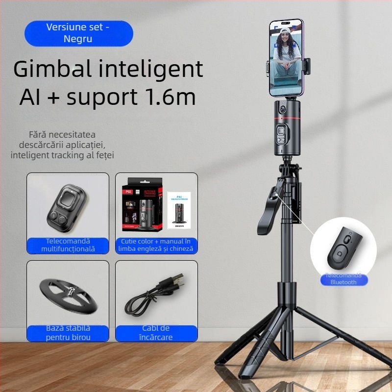 Gimbal pentru telefon pentru streaming live cu urmărire AI a feței și panoramă 360°, stabilizare anti-tremur; conectare Bluetooth, corp ABS, greutate 340 g