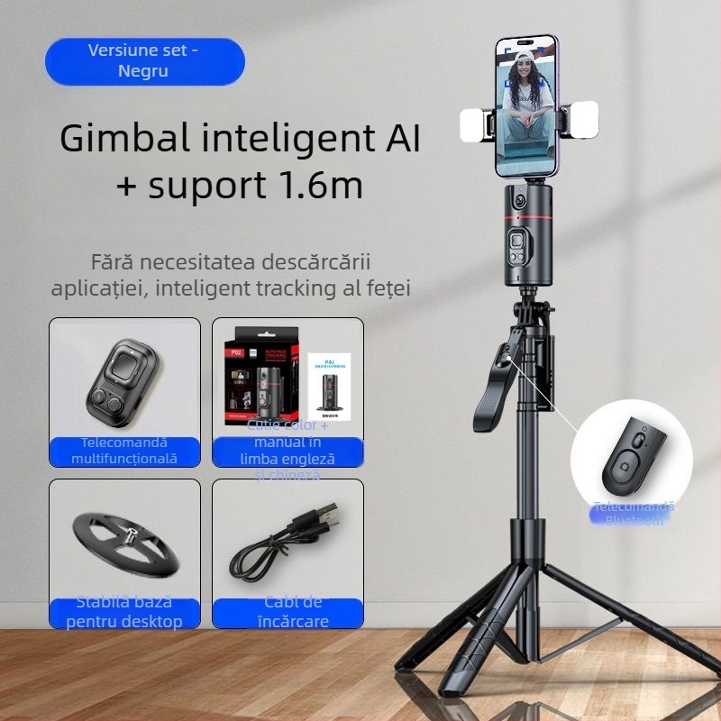 Gimbal pentru telefon pentru streaming live cu urmărire AI a feței și panoramă 360°, stabilizare anti-tremur; conectare Bluetooth, corp ABS, greutate 340 g