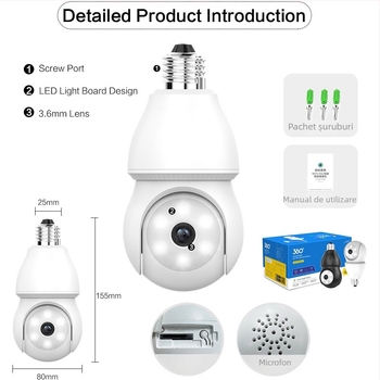 ICSEE Cameră wireless floodlight cu cap E27 – video HD, iluminare minimă 0,001 lux, monitorizare WiFi de la distanță, utilizare în interior