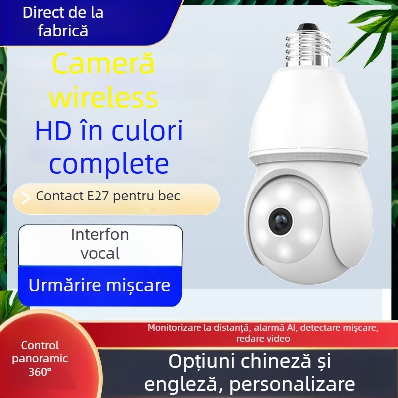 ICSEE Cameră wireless floodlight cu cap E27 – video HD, iluminare minimă 0,001 lux, monitorizare WiFi de la distanță, utilizare în interior