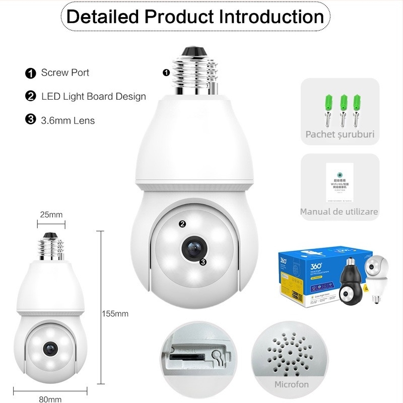 ICSEE Cameră wireless floodlight cu cap E27 – video HD, iluminare minimă 0,001 lux, monitorizare WiFi de la distanță, utilizare în interior