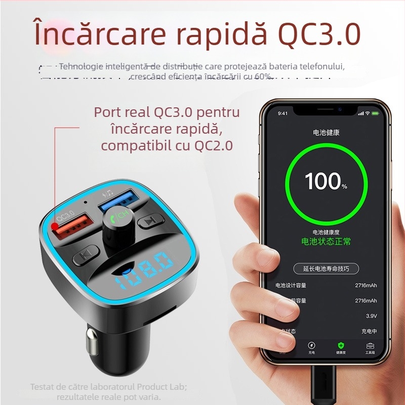 MP3 player auto cu Bluetooth FM transmitter, încărcător USB pentru mașină, convorbiri hands-free, alimentare 12–24V