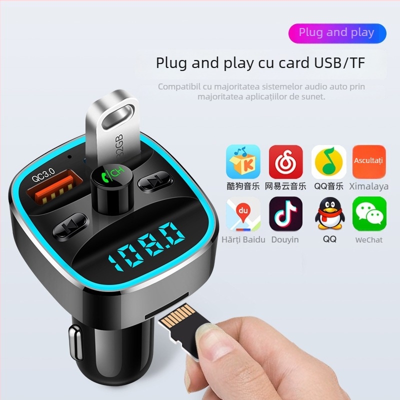 MP3 player auto cu Bluetooth FM transmitter, încărcător USB pentru mașină, convorbiri hands-free, alimentare 12–24V