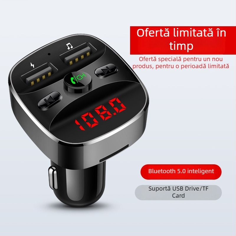 MP3 player auto cu Bluetooth FM transmitter, încărcător USB pentru mașină, convorbiri hands-free, alimentare 12–24V