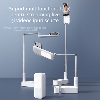 Suport pentru transmisii în direct cu două camere și lumină integrată, montaj fără instalare, model V8, universal pentru telefoane mobile