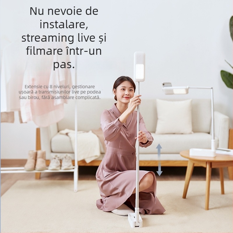 Suport pentru transmisii în direct cu două camere și lumină integrată, montaj fără instalare, model V8, universal pentru telefoane mobile