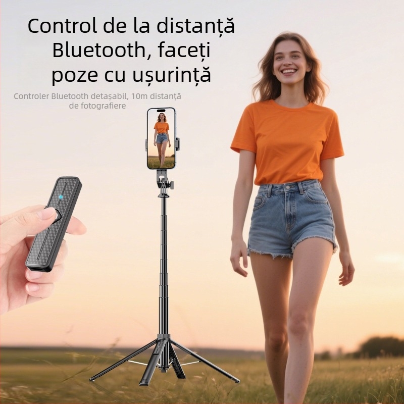 Selfie stick Bluetooth cu trepied de podea, design telescopic, aliaj de aluminiu + ABS, telecomandă inclusă, suport pentru cameră
