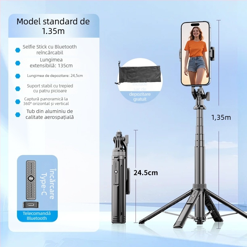 Selfie stick Bluetooth cu trepied de podea, design telescopic, aliaj de aluminiu + ABS, telecomandă inclusă, suport pentru cameră