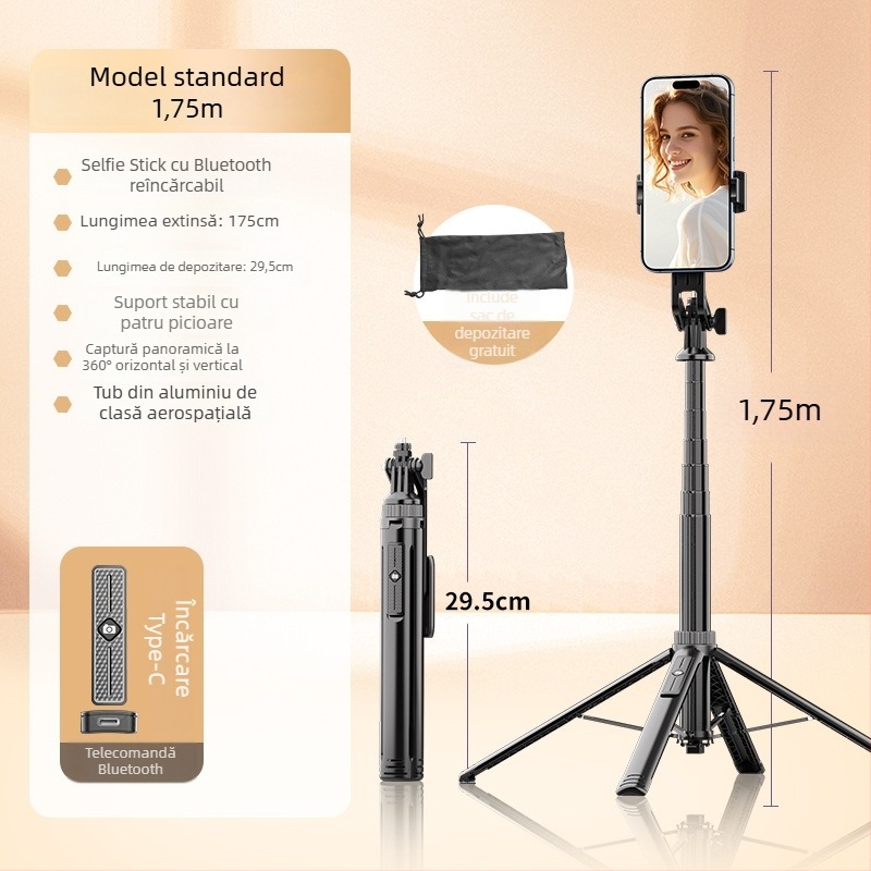 Selfie stick Bluetooth cu trepied de podea, design telescopic, aliaj de aluminiu + ABS, telecomandă inclusă, suport pentru cameră