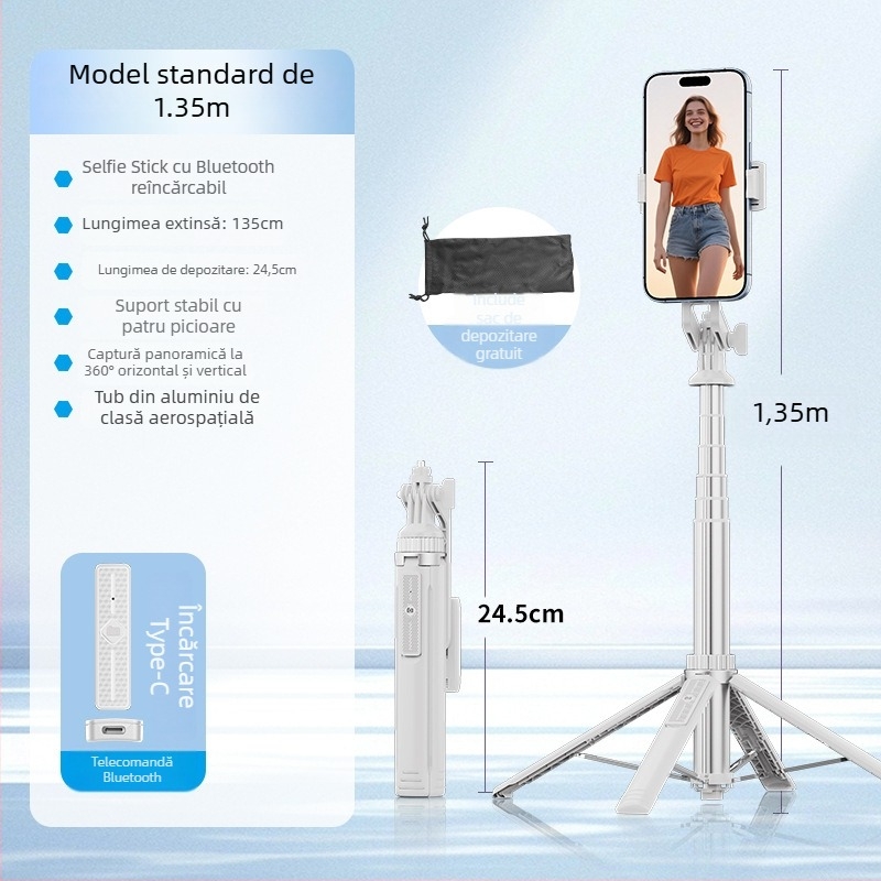 Selfie stick Bluetooth cu trepied de podea, design telescopic, aliaj de aluminiu + ABS, telecomandă inclusă, suport pentru cameră