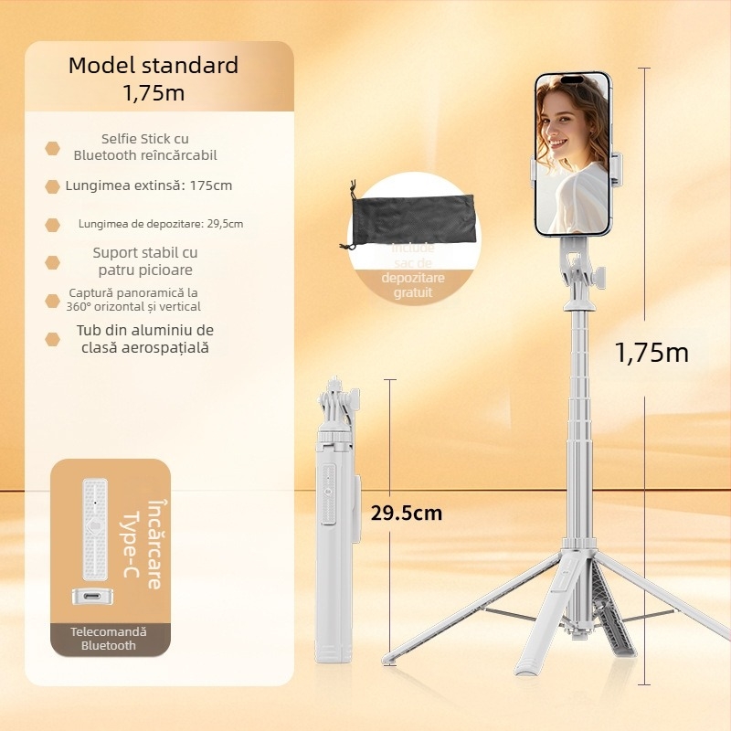 Selfie stick Bluetooth cu trepied de podea, design telescopic, aliaj de aluminiu + ABS, telecomandă inclusă, suport pentru cameră