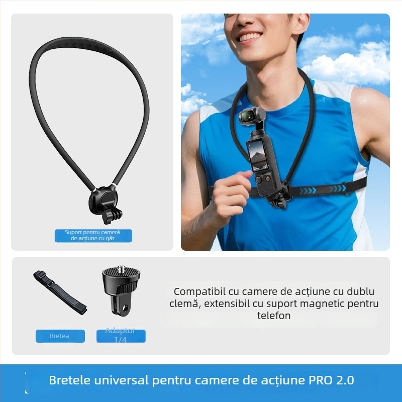 Suport magnetic pentru gât pentru vedere din perspectiva primului persoană — suport fix pentru GoPro și camerele DJI Action | Materiale: silicon, PC, aliaj de aluminiu | Personalizare logo