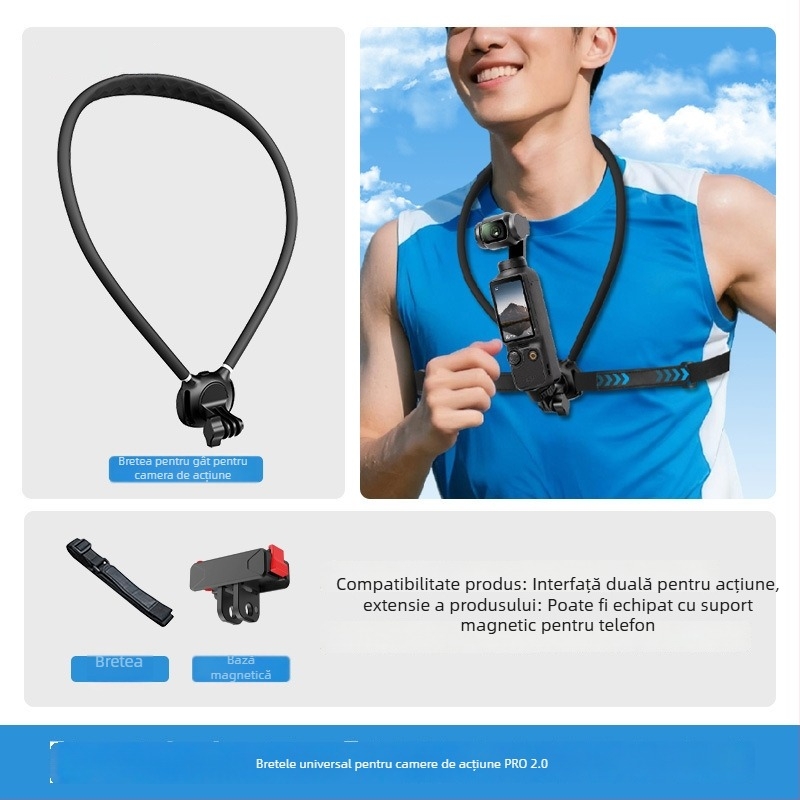 Suport magnetic pentru gât pentru vedere din perspectiva primului persoană — suport fix pentru GoPro și camerele DJI Action | Materiale: silicon, PC, aliaj de aluminiu | Personalizare logo