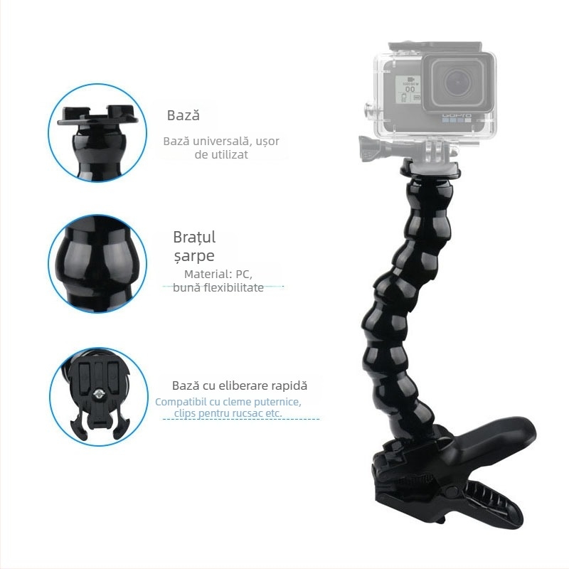 Suport universal pentru cameră de acțiune (ZH3041), din PC + oțel inoxidabil, include clemă Dali și braț curbat