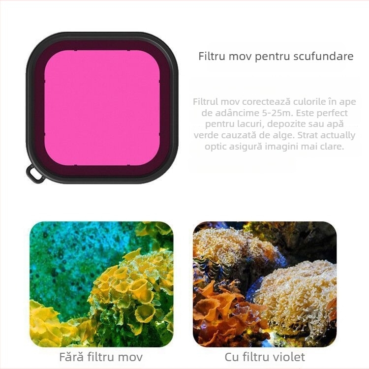 Filtru GoPro Hero8 pentru carcasa etanșă, construcție din plastic, pentru scufundări în adâncime, cu logo tipărit