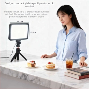 Lumină LED portabilă pentru fotografie – tri-culoare, reglaj continuu al luminozității și a temperaturii de culoare (2900–5700K), 110–240V, rază 5 m, model SC-012