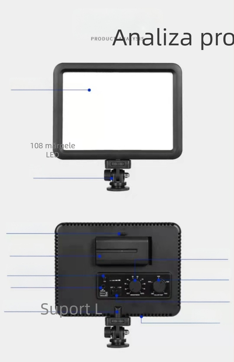 Lumină LED portabilă pentru fotografie – tri-culoare, reglaj continuu al luminozității și a temperaturii de culoare (2900–5700K), 110–240V, rază 5 m, model SC-012