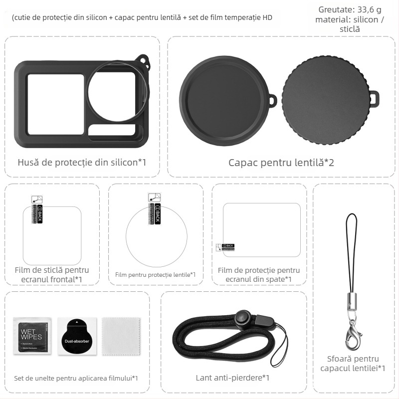 Capac de obiectiv din silicon cu protecție din sticlă temperată pentru DJI Action 5 Pro/4/3; material: silicon + sticlă; logo personalizabil; setul include husă din silicon și cutie din carton.