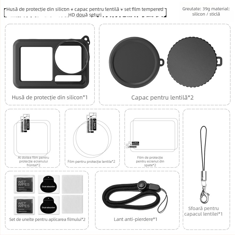 Capac de obiectiv din silicon cu protecție din sticlă temperată pentru DJI Action 5 Pro/4/3; material: silicon + sticlă; logo personalizabil; setul include husă din silicon și cutie din carton.