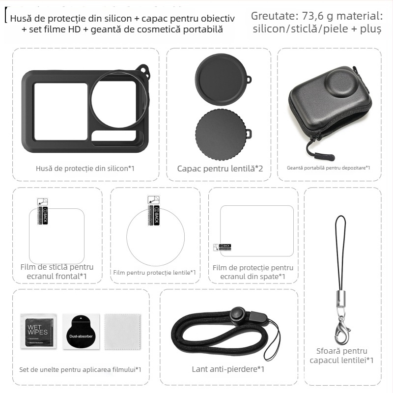 Capac de obiectiv din silicon cu protecție din sticlă temperată pentru DJI Action 5 Pro/4/3; material: silicon + sticlă; logo personalizabil; setul include husă din silicon și cutie din carton.