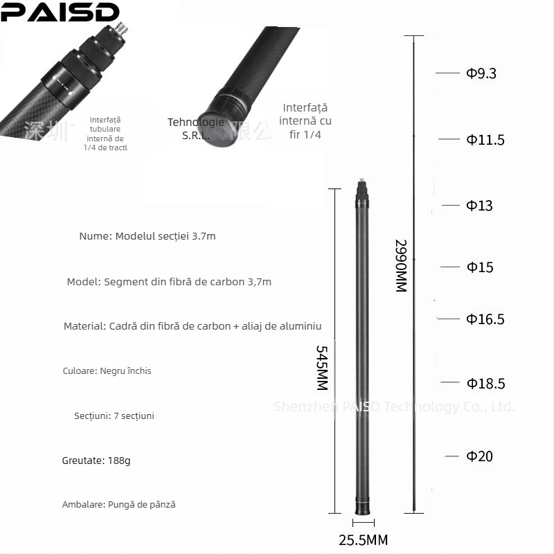 Paisd tijă extensibilă din fibră de carbon pentru Insta360 – model carbon fiber extension rod, material: fibră de carbon, compatibilitate: General