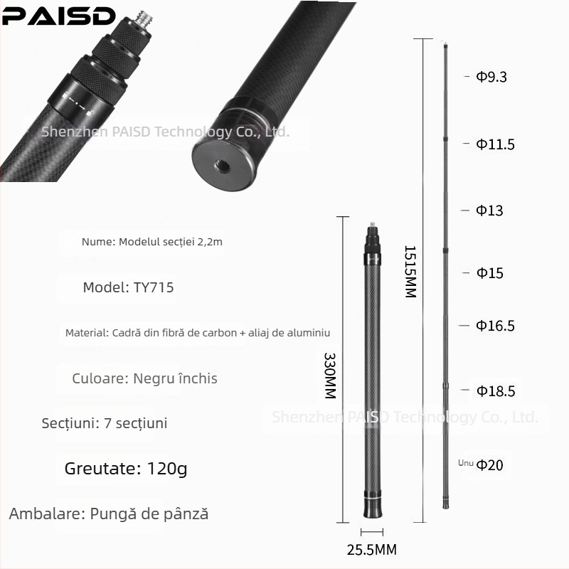 Paisd tijă extensibilă din fibră de carbon pentru Insta360 – model carbon fiber extension rod, material: fibră de carbon, compatibilitate: General