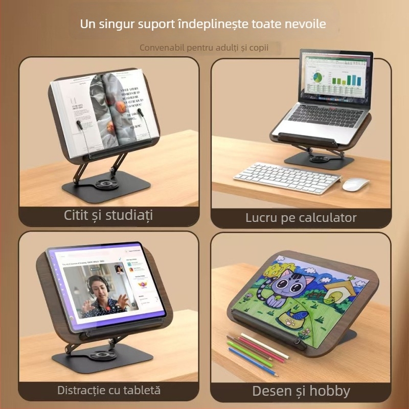 Suport pentru tabletă din lemn masiv, rotire la 360°, reglabil, model R51, compatibil cu iPad, iPhone și iPod touch