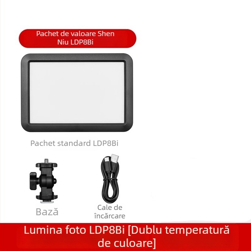 Shenniu LDP8D/BI 18D/BI Lumină de fill pentru fotografie, interior/exterior, panou de lumină moale, intensitate reglabilă, alimentare proprie