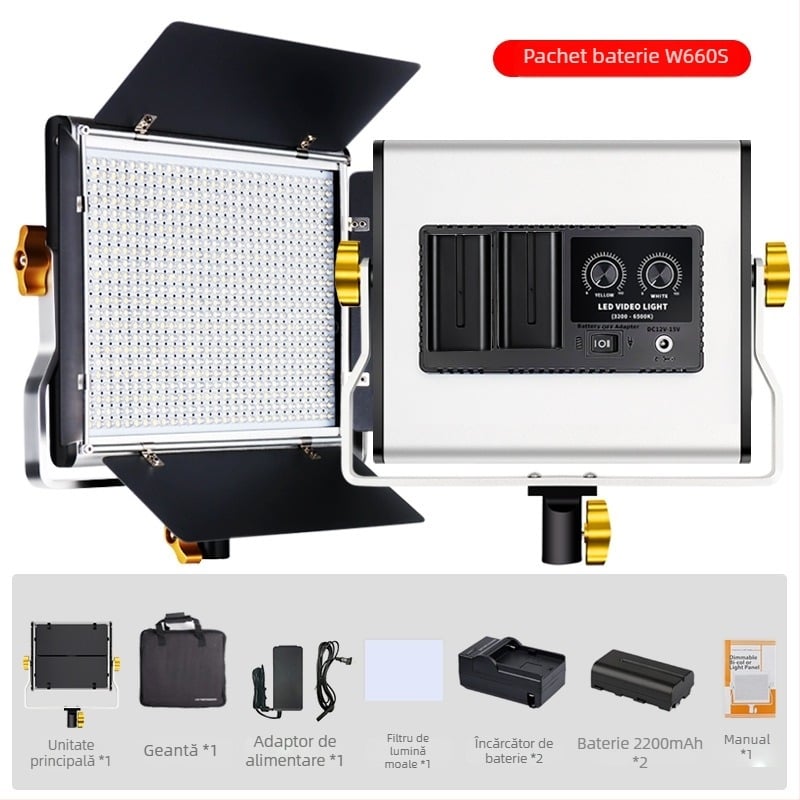 W660S Lampa LED profesională pentru fotografie — interior/exterior, 40W, 14.8V, 3200–6500K ±200K, reglaj intensitate și temperatură culoare, compatibil cu bateriile F550/F750/F970 cu adaptor