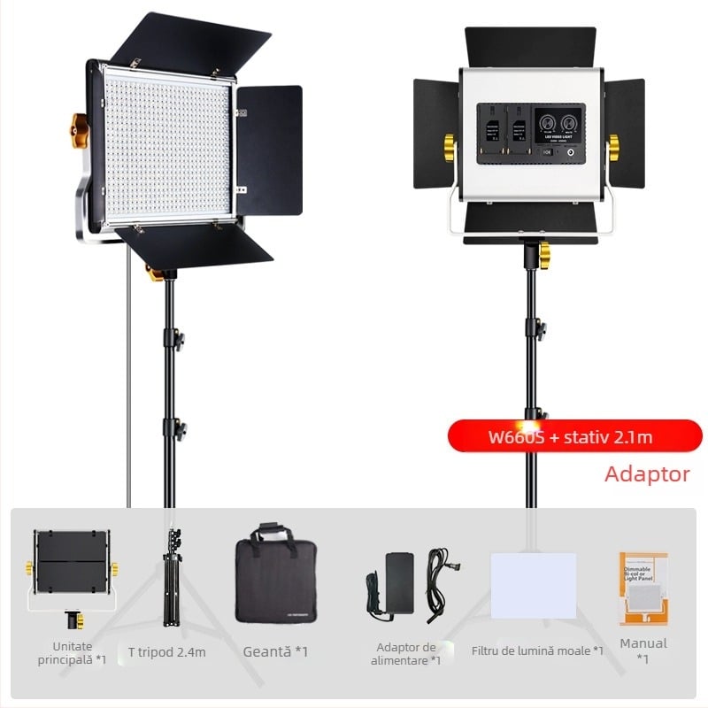 W660S Lampa LED profesională pentru fotografie — interior/exterior, 40W, 14.8V, 3200–6500K ±200K, reglaj intensitate și temperatură culoare, compatibil cu bateriile F550/F750/F970 cu adaptor