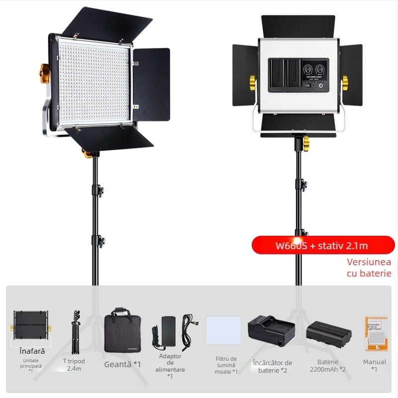 W660S Lampa LED profesională pentru fotografie — interior/exterior, 40W, 14.8V, 3200–6500K ±200K, reglaj intensitate și temperatură culoare, compatibil cu bateriile F550/F750/F970 cu adaptor