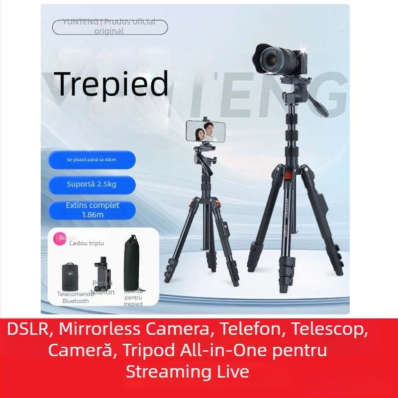 Trepied pentru cameră Yunteng, gimbal 3D, 4 secțiuni, din metal