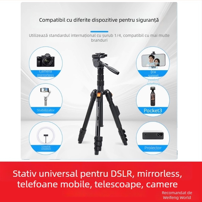 Trepied pentru cameră Yunteng, gimbal 3D, 4 secțiuni, din metal