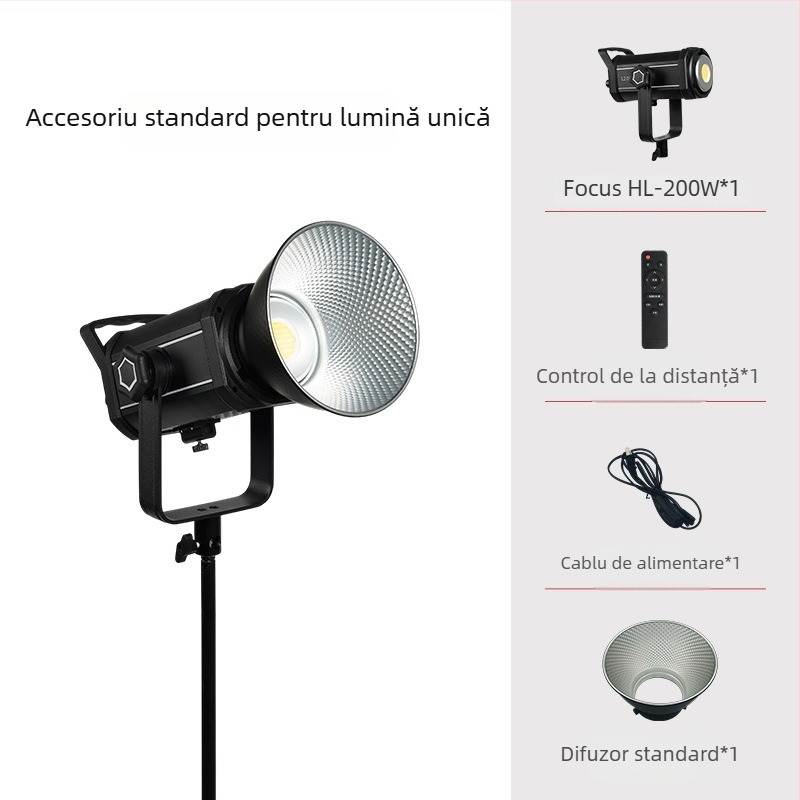 Lumină profesională pentru fotografie COB 200W, reglabilă, 2700–6500K, 110–265V, priză E27