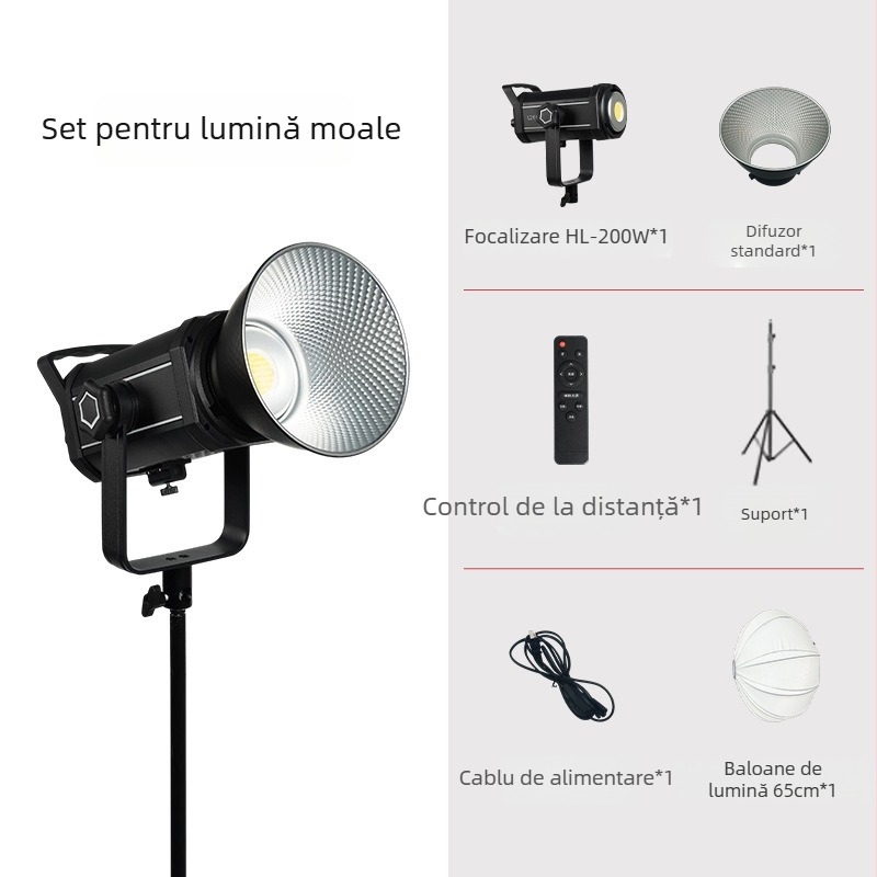 Lumină profesională pentru fotografie COB 200W, reglabilă, 2700–6500K, 110–265V, priză E27