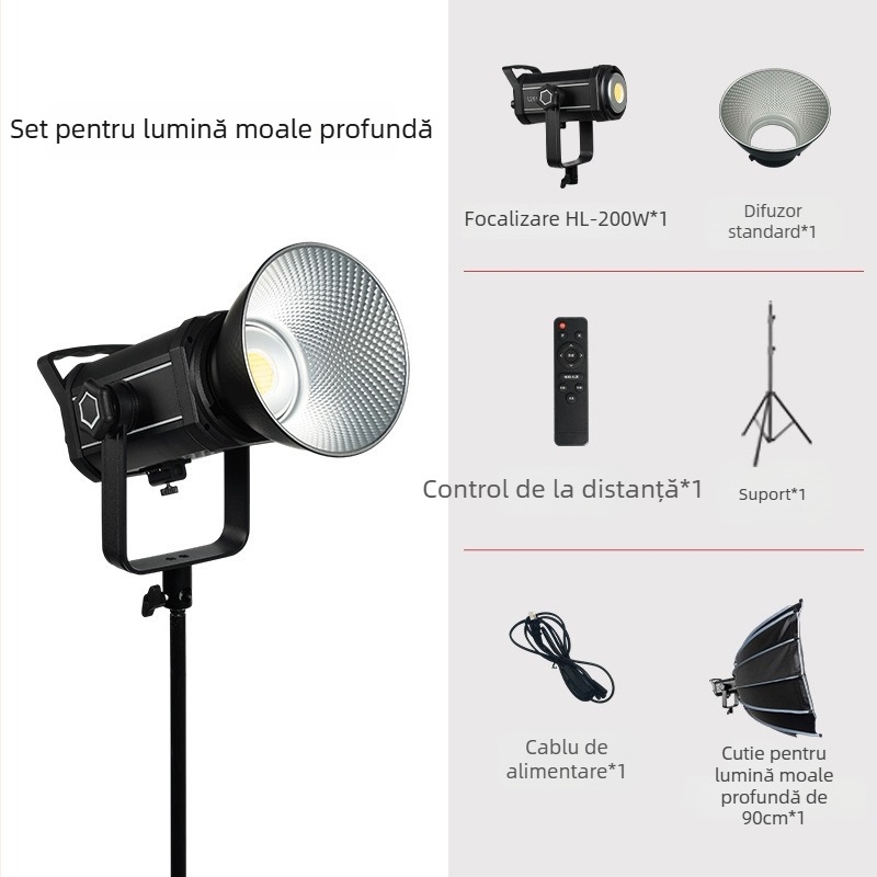 Lumină profesională pentru fotografie COB 200W, reglabilă, 2700–6500K, 110–265V, priză E27