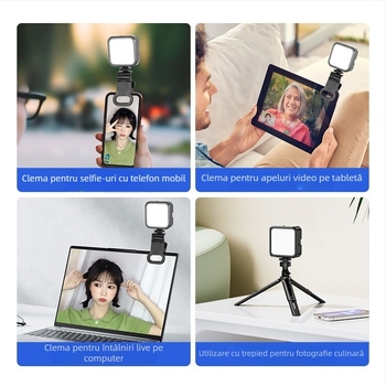 Lampă LED pentru streaming live, lampă de buzunar cu clips pentru telefon, RGB, putere sub 10W, încărcare USB-C
