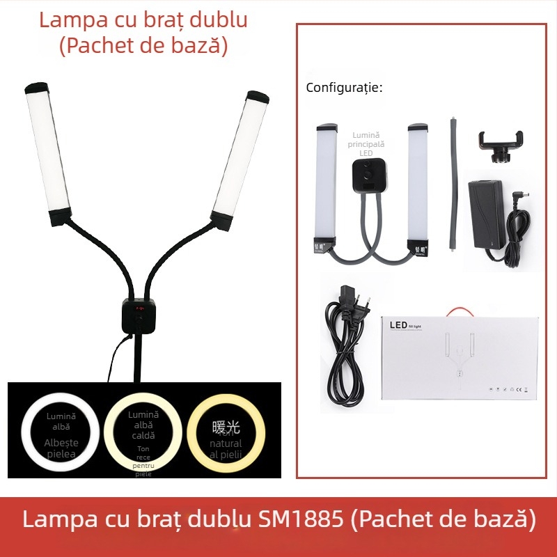 Lumină de umplere dreptunghiulară cu brațe duble pentru fotografie și selfie – 110-220V, 3000–6000K, reglabilă intensitatea luminii și temperatura de culoare
