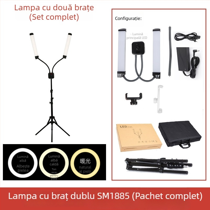 Lumină de umplere dreptunghiulară cu brațe duble pentru fotografie și selfie – 110-220V, 3000–6000K, reglabilă intensitatea luminii și temperatura de culoare
