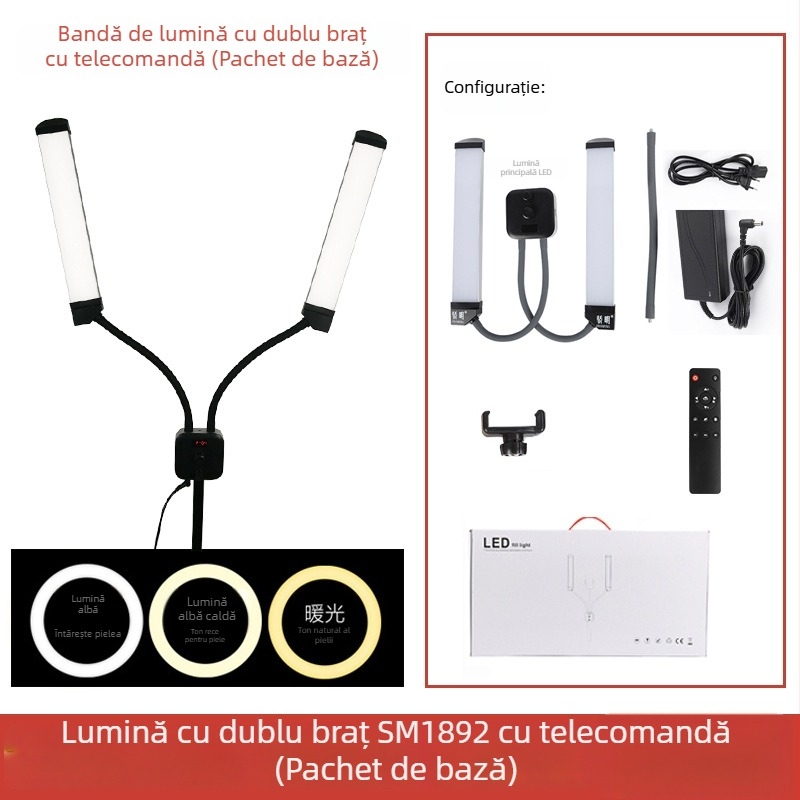 Lumină de umplere dreptunghiulară cu brațe duble pentru fotografie și selfie – 110-220V, 3000–6000K, reglabilă intensitatea luminii și temperatura de culoare
