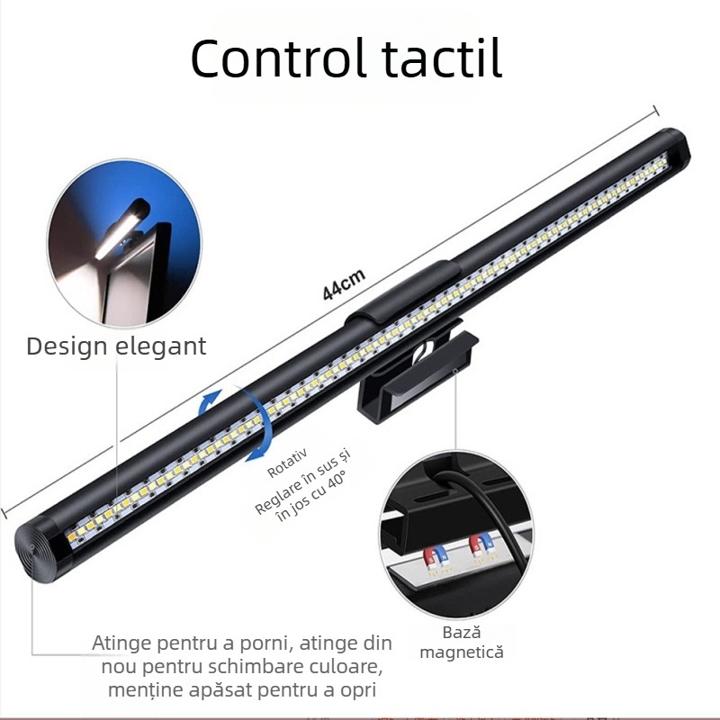 Lumină suspendată pentru monitor — lampă LED alimentată cu USB, întrerupător tactil, reglabilă, protecție pentru ochi