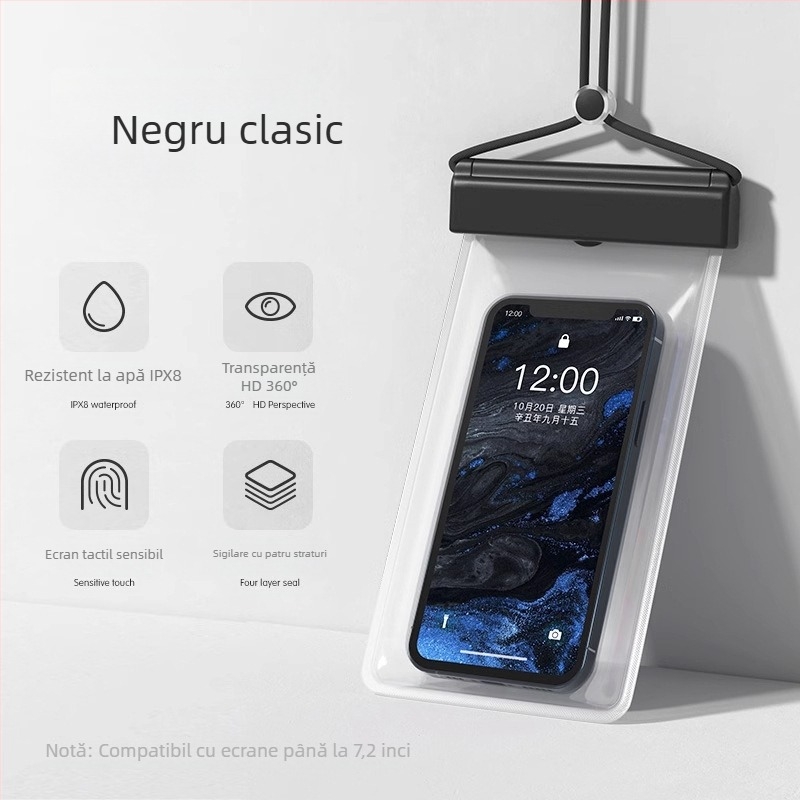 Husă impermeabilă pentru telefon pentru plajă cu ecran tactil HD — potrivită pentru telefoane până la 7,2 inchi, husă din plastic impermeabilă, logo personalizabil, pentru înot, drumeții și rafting