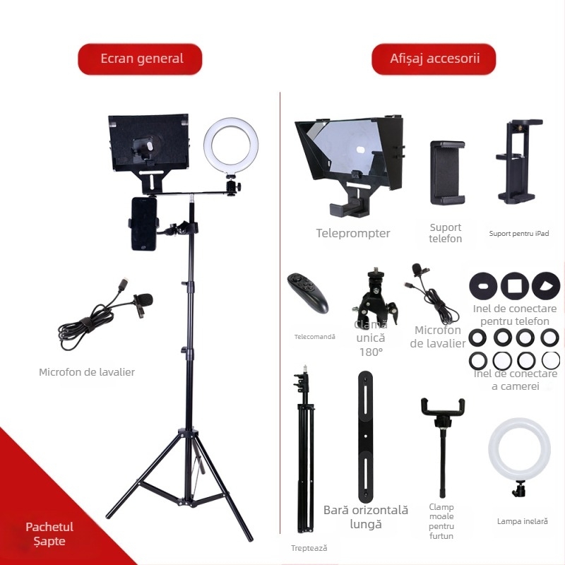 Teleprompter pentru telefoane mobile și tablete - corp ABS, atașament de lentilă, sarcină maximă 2–5 kg, greutate 0,5 kg