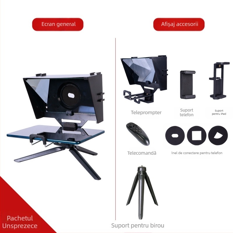 Teleprompter pentru telefoane mobile și tablete - corp ABS, atașament de lentilă, sarcină maximă 2–5 kg, greutate 0,5 kg